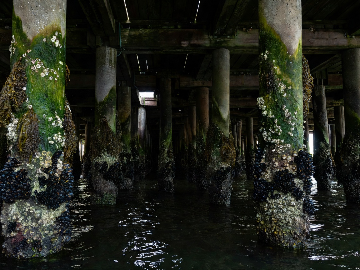 Closely spaced harbour support piles creating shadowed and restricted inspection access