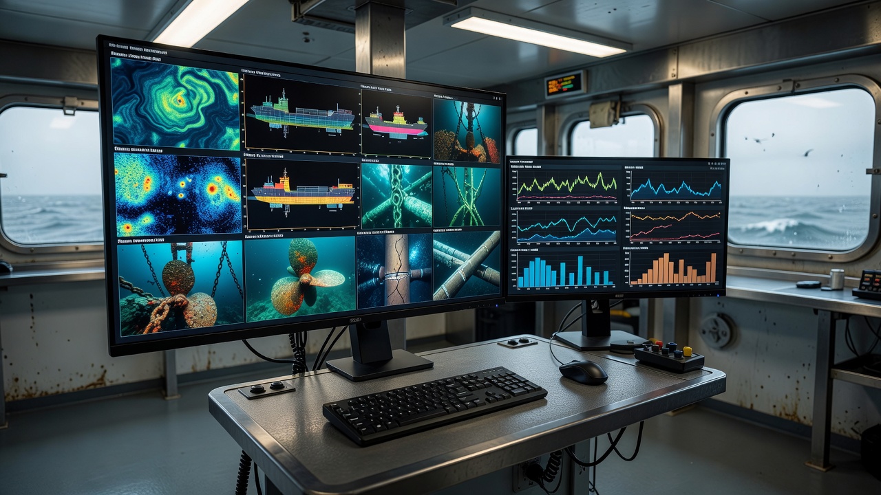 Marine survey workstation with inspection records displayed for technical review