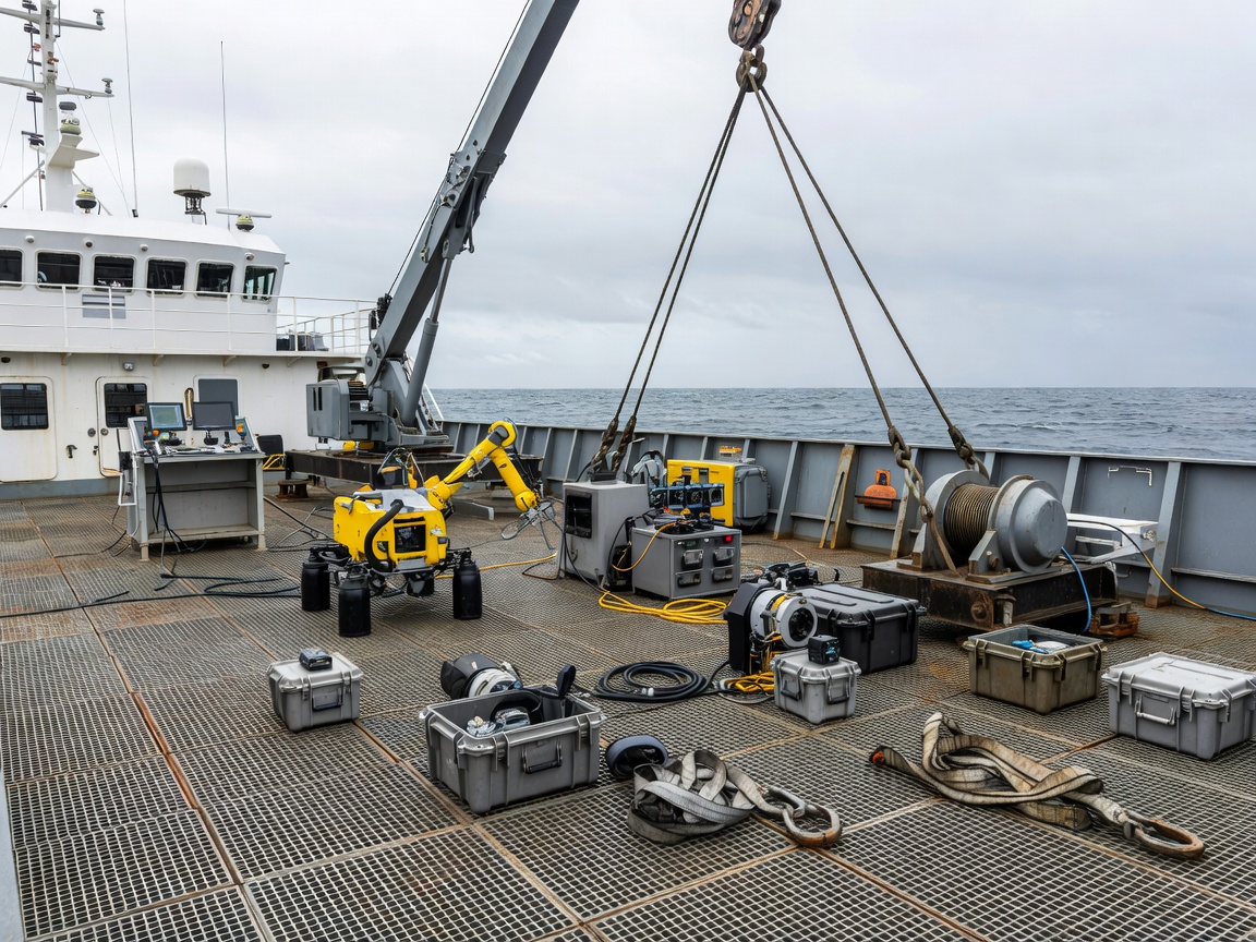 Lifting equipment and secured marine inspection gear on a working vessel deck